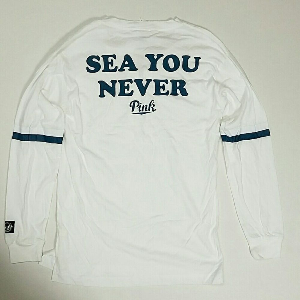 Victoria's Secret PINK White Henley Long Sleeve Graphic Tee "Sea You Never" NWT